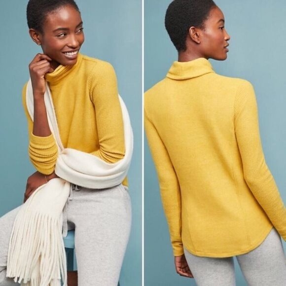 Anthropologie Saturday Sunday Brushed Fleece Turtleneck Sweater Mustard Yellow S - Picture 1 of 8